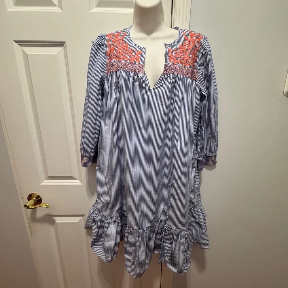 J. Crew blue and white Embellished Ruffled Mini Dress size small